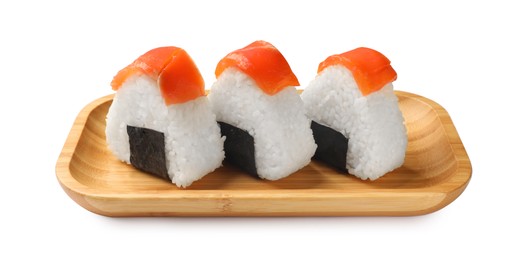 Photo of Tasty salmon onigiri (Japanese rice balls) isolated on white