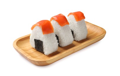 Photo of Tasty salmon onigiri (Japanese rice balls) isolated on white