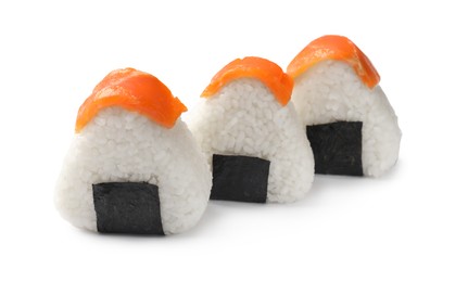 Photo of Tasty salmon onigiri (Japanese rice balls) isolated on white