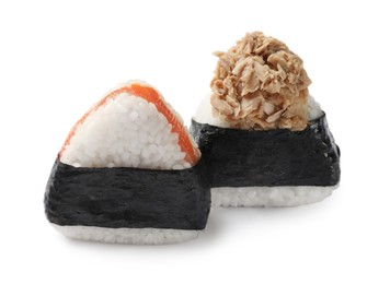 Photo of Tasty onigiri (Japanese rice balls) isolated on white