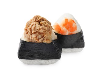Photo of Tasty onigiri (Japanese rice balls) isolated on white