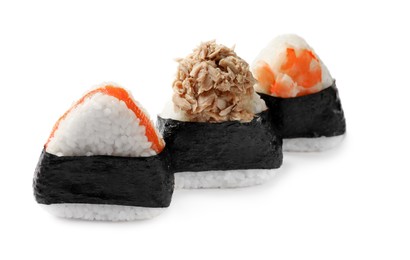 Photo of Tasty onigiri (Japanese rice balls) isolated on white
