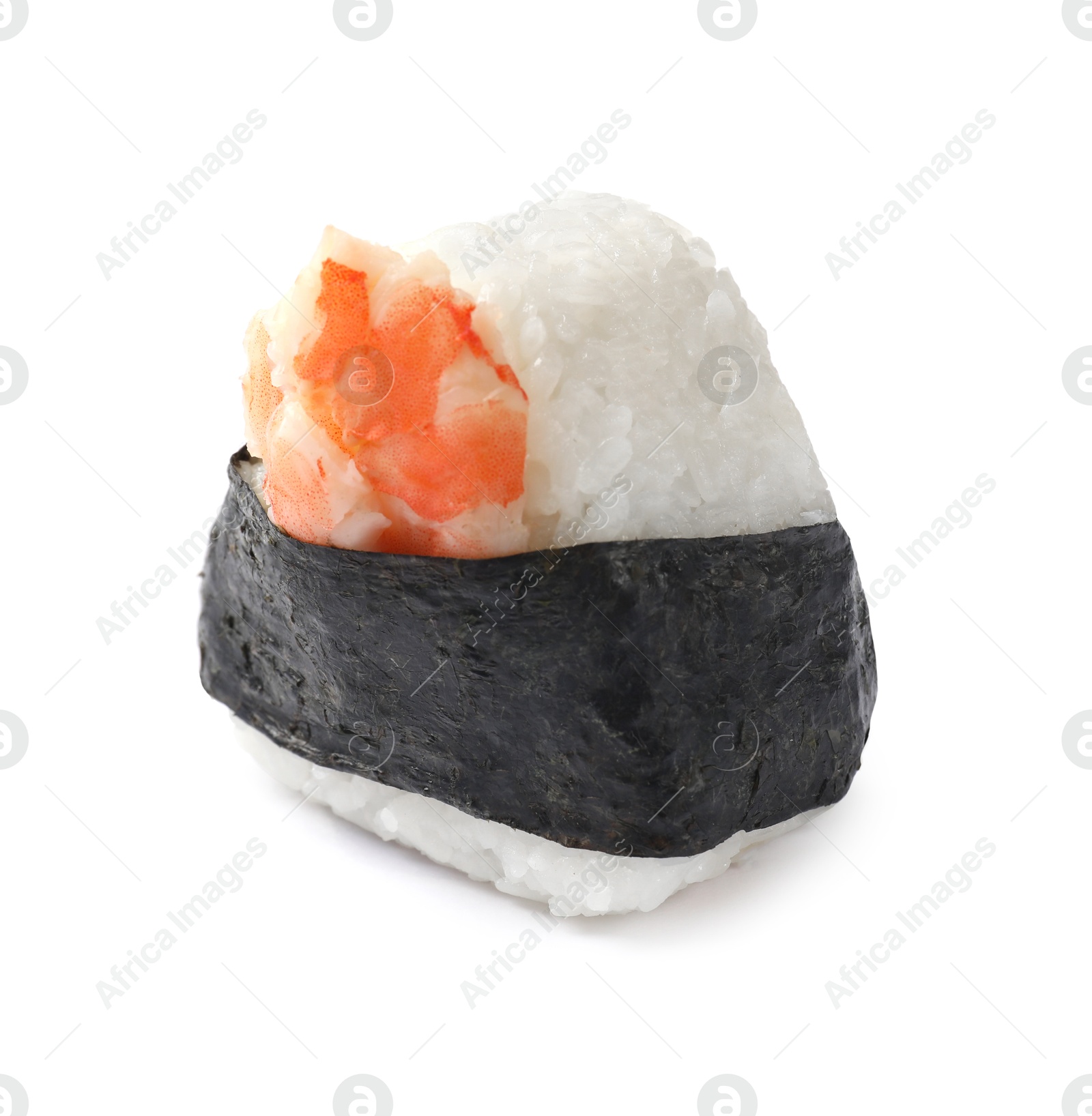 Tasty shrimp onigiri (Japanese rice ball) isolated on white Photo of Tasty shrimp onigiri (Japanese rice ball) isolated on white