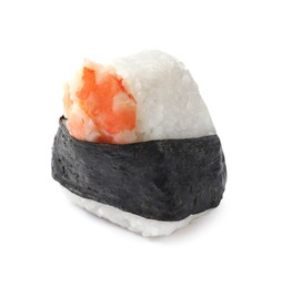 Photo of Tasty shrimp onigiri (Japanese rice ball) isolated on white
