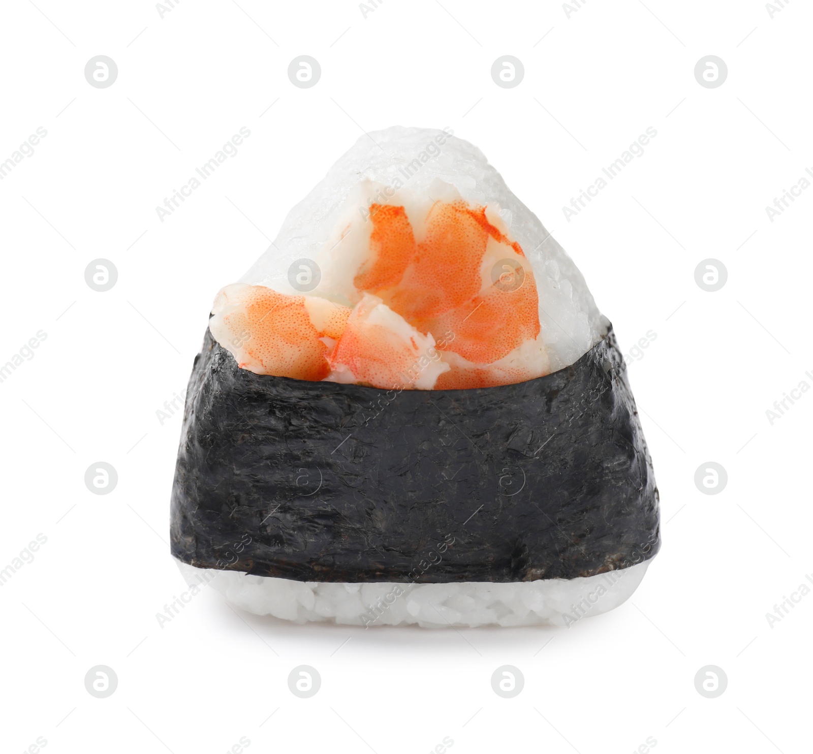 Tasty shrimp onigiri (Japanese rice ball) isolated on white Photo of Tasty shrimp onigiri (Japanese rice ball) isolated on white