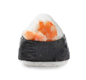 Photo of Tasty shrimp onigiri (Japanese rice ball) isolated on white