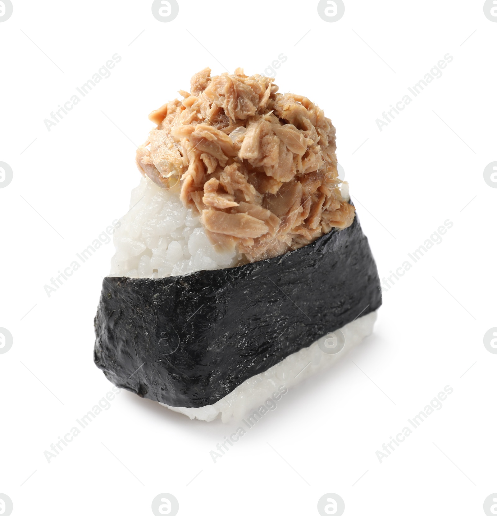 Tasty tuna onigiri (Japanese rice ball) isolated on white Photo of Tasty tuna onigiri (Japanese rice ball) isolated on white