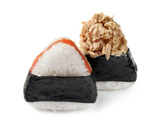 Photo of Tasty onigiri (Japanese rice balls) isolated on white