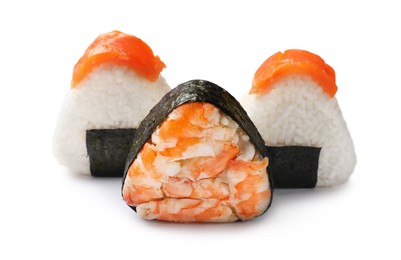 Photo of Tasty onigiri (Japanese rice balls) isolated on white