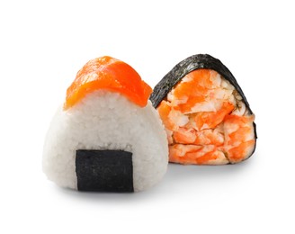 Photo of Tasty onigiri (Japanese rice balls) isolated on white