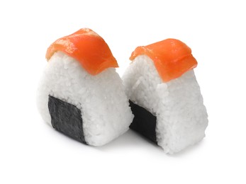 Photo of Tasty salmon onigiri (Japanese rice balls) isolated on white