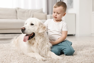 Little boy with cute dog on carpet at home