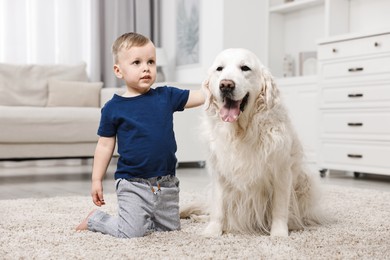 Photo of Little boy with cute dog on carpet at home