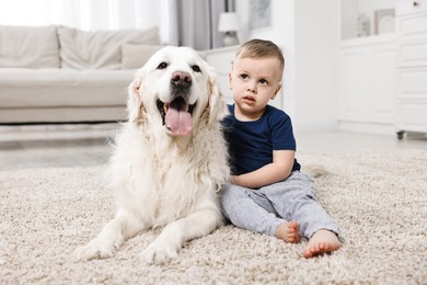 Photo of Little boy with cute dog on carpet at home