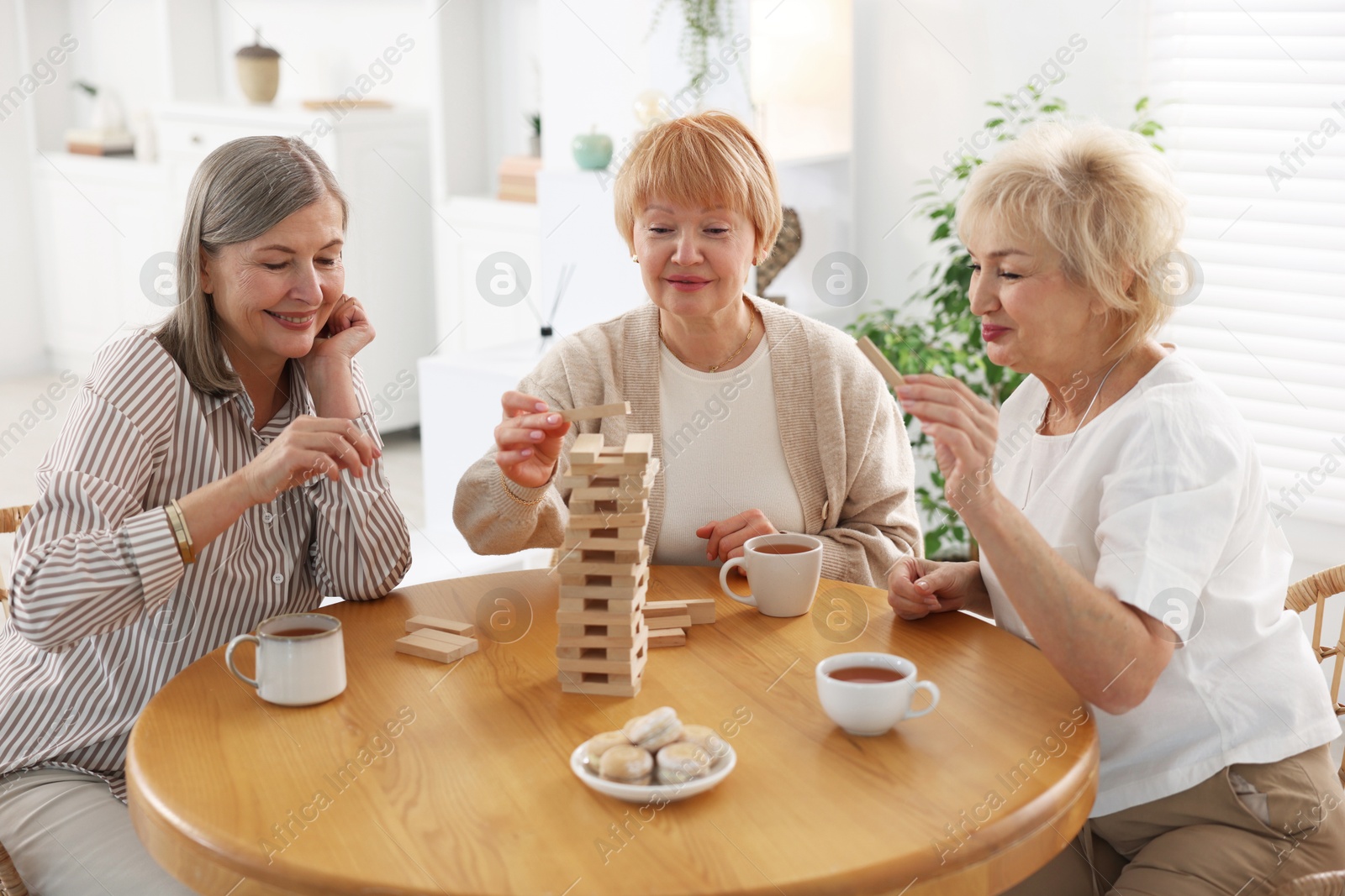 Photo of Friendship. Senior women building tower with wooden blocks at wooden table indoors