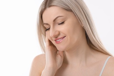 Portrait of beautiful woman on white background