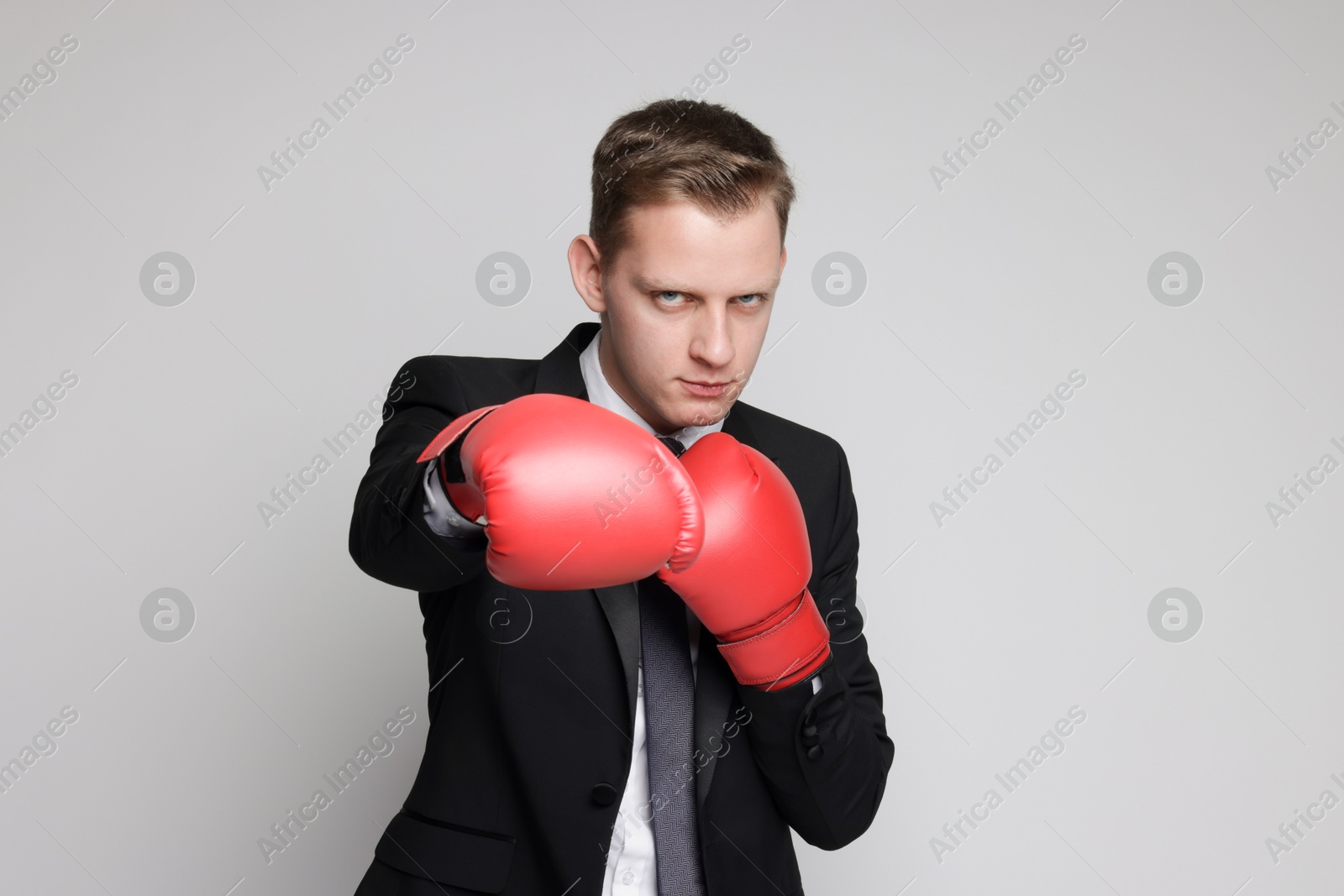 Photo of Competition. Businessman in suit wearing boxing gloves on grey background