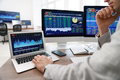 Photo of Financial trading specialist working on laptop and computer in office, closeup