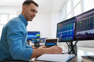 Photo of Financial trading specialist writing notes at table in office