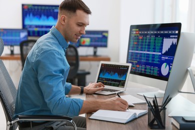 Financial trading specialist writing notes at table in office