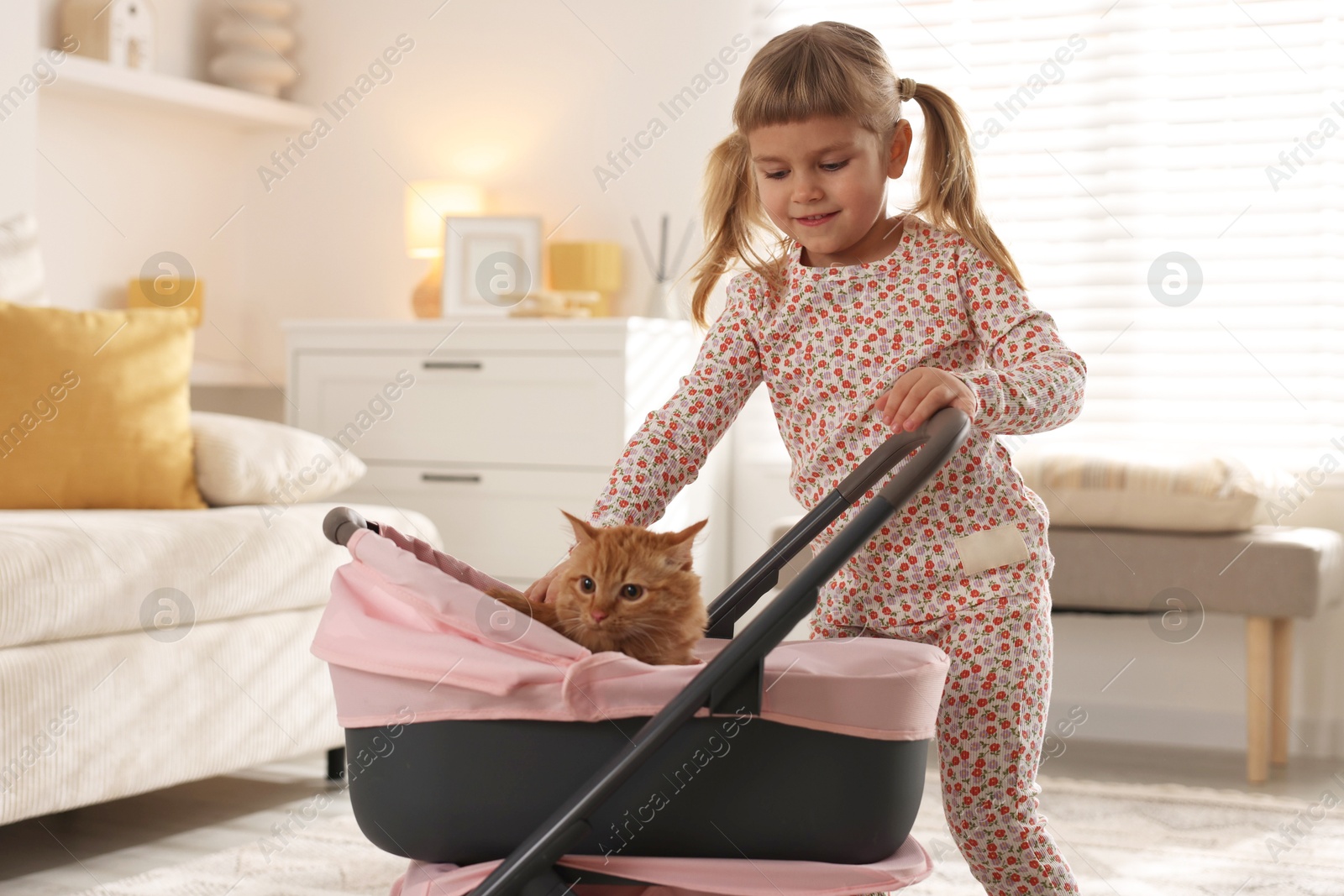 Photo of Cute little girl with her ginger cat in doll stroller at home