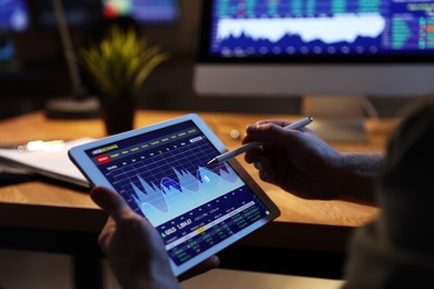 Photo of Financial trading specialist with tablet in office at night, closeup