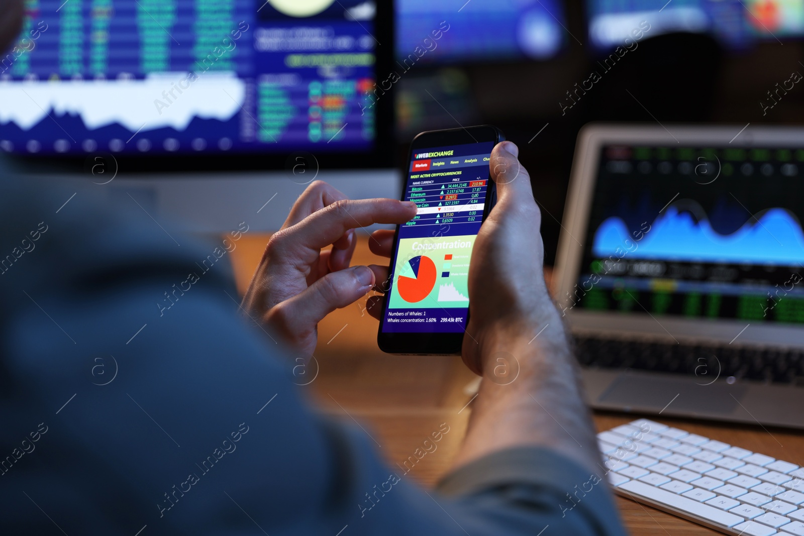 Photo of Financial trading specialist with smartphone in office at night, closeup