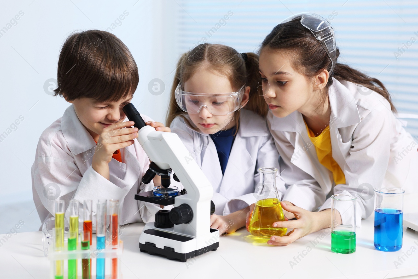 Photo of Children doing chemical experiment at desk indoors