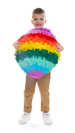 Photo of Happy boy with colorful pinata on white background