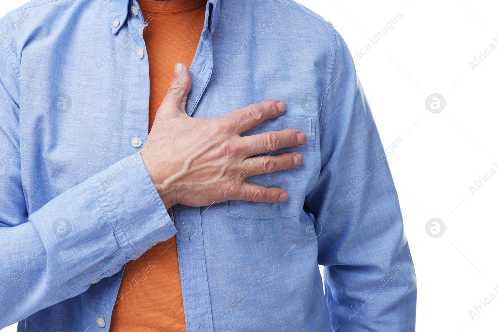 Photo of Heart attack. Senior man suffering from pain in chest on white background, closeup