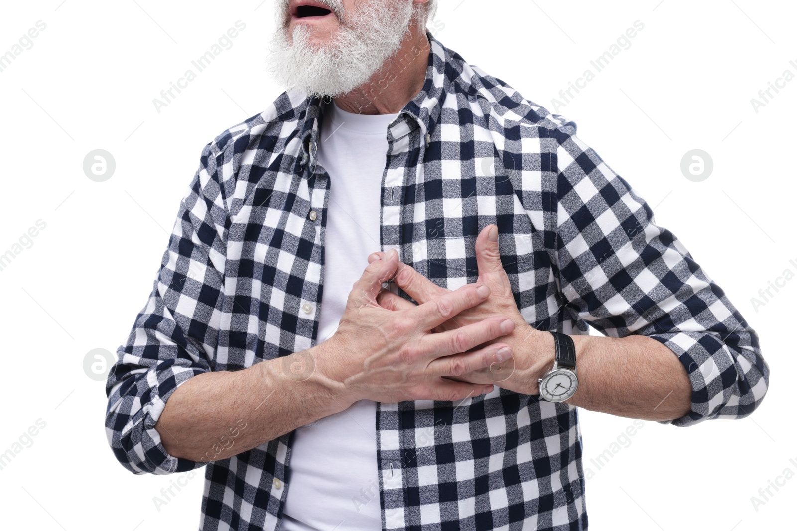 Photo of Heart attack. Senior man suffering from pain in chest on white background, closeup