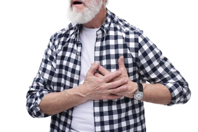 Heart attack. Senior man suffering from pain in chest on white background, closeup