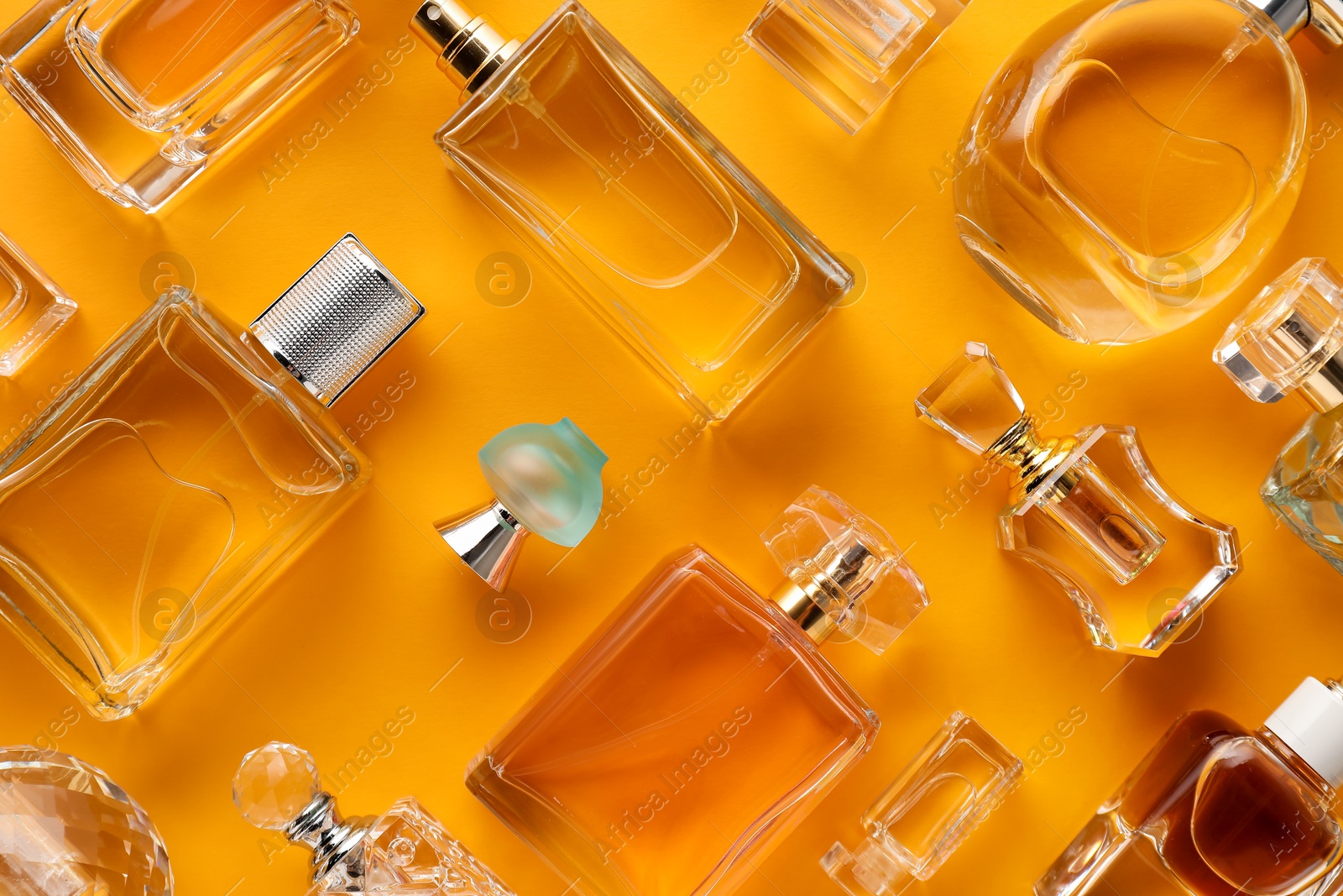 Bottles of various perfumes on orange background, flat lay Photo of Bottles of various perfumes on orange background, flat lay