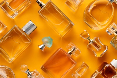Photo of Bottles of various perfumes on orange background, flat lay