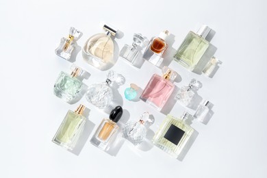 Photo of Bottles of various perfumes on light background, flat lay