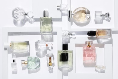 Photo of Different luxury perfumes on white background, flat lay