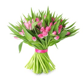 Photo of Bouquet of beautiful pink tulips isolated on white