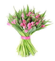 Photo of Bouquet of beautiful pink tulips isolated on white