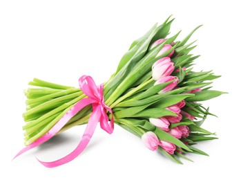 Photo of Bouquet of beautiful pink tulips isolated on white