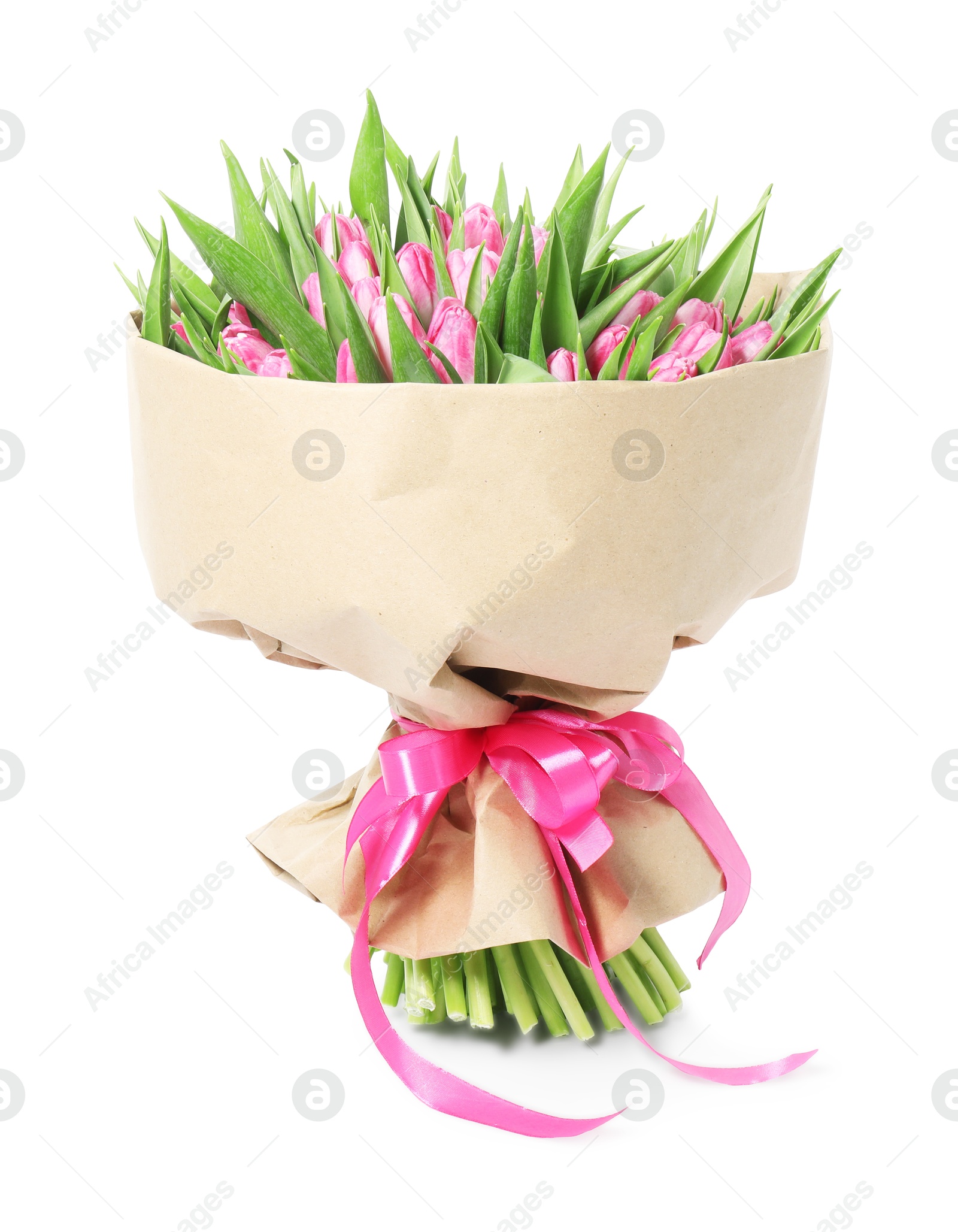 Photo of Bouquet of beautiful pink tulips isolated on white