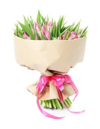 Photo of Bouquet of beautiful pink tulips isolated on white