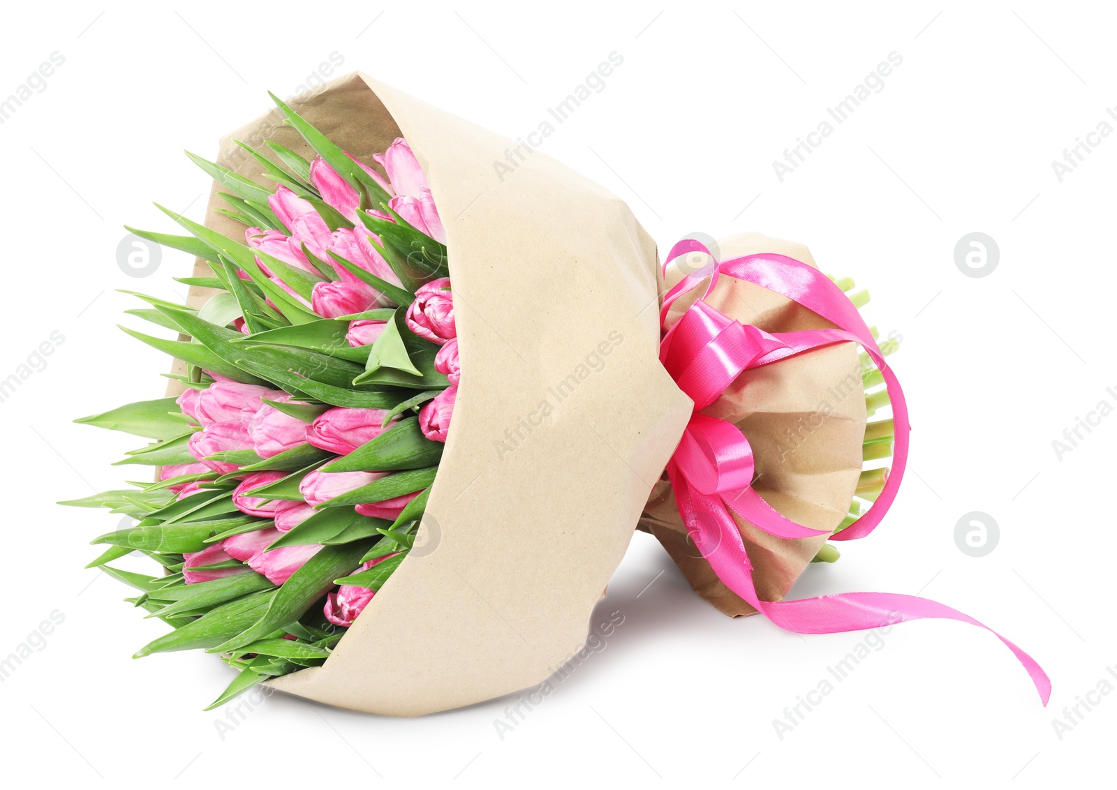 Photo of Bouquet of beautiful pink tulips isolated on white