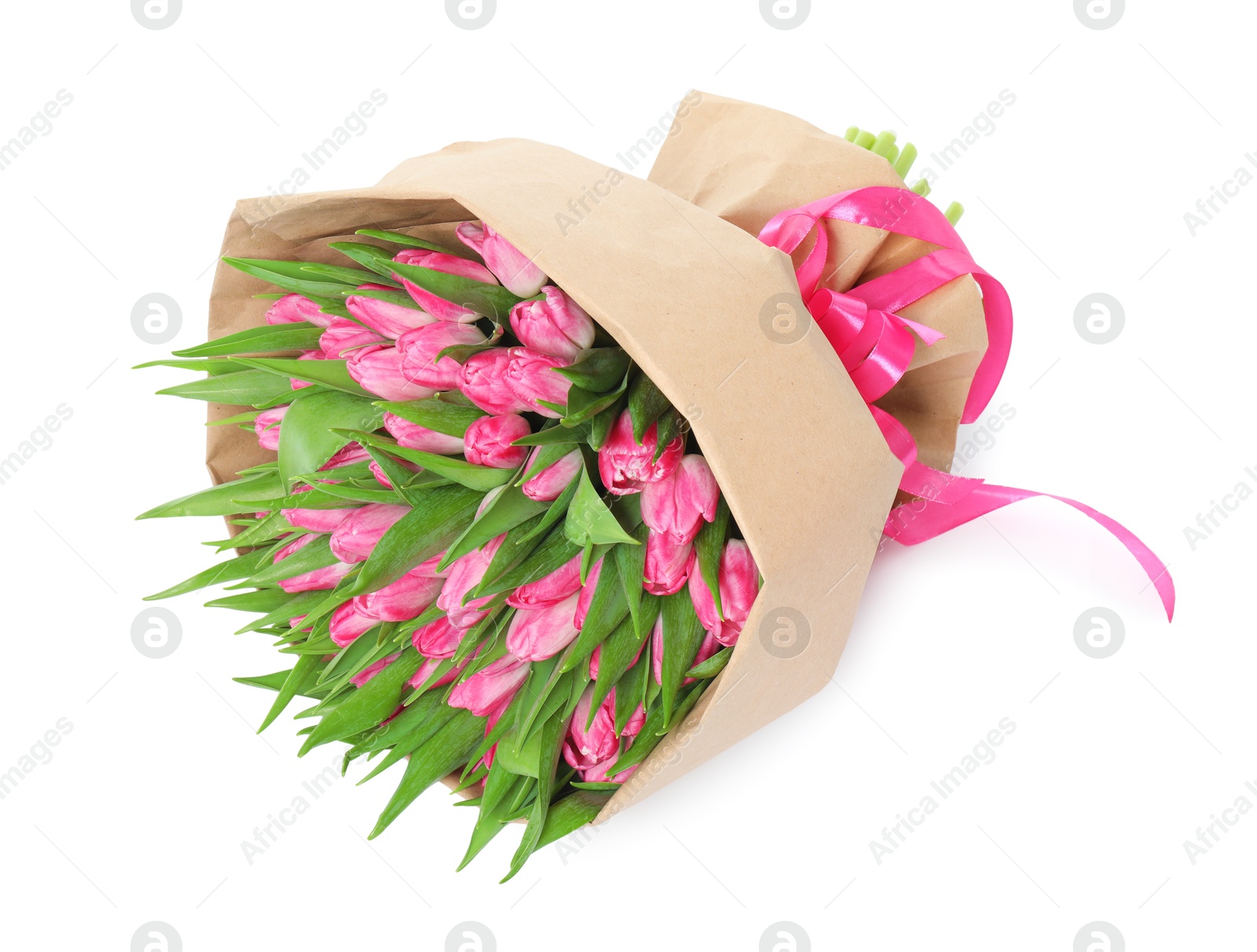 Photo of Bouquet of beautiful pink tulips isolated on white