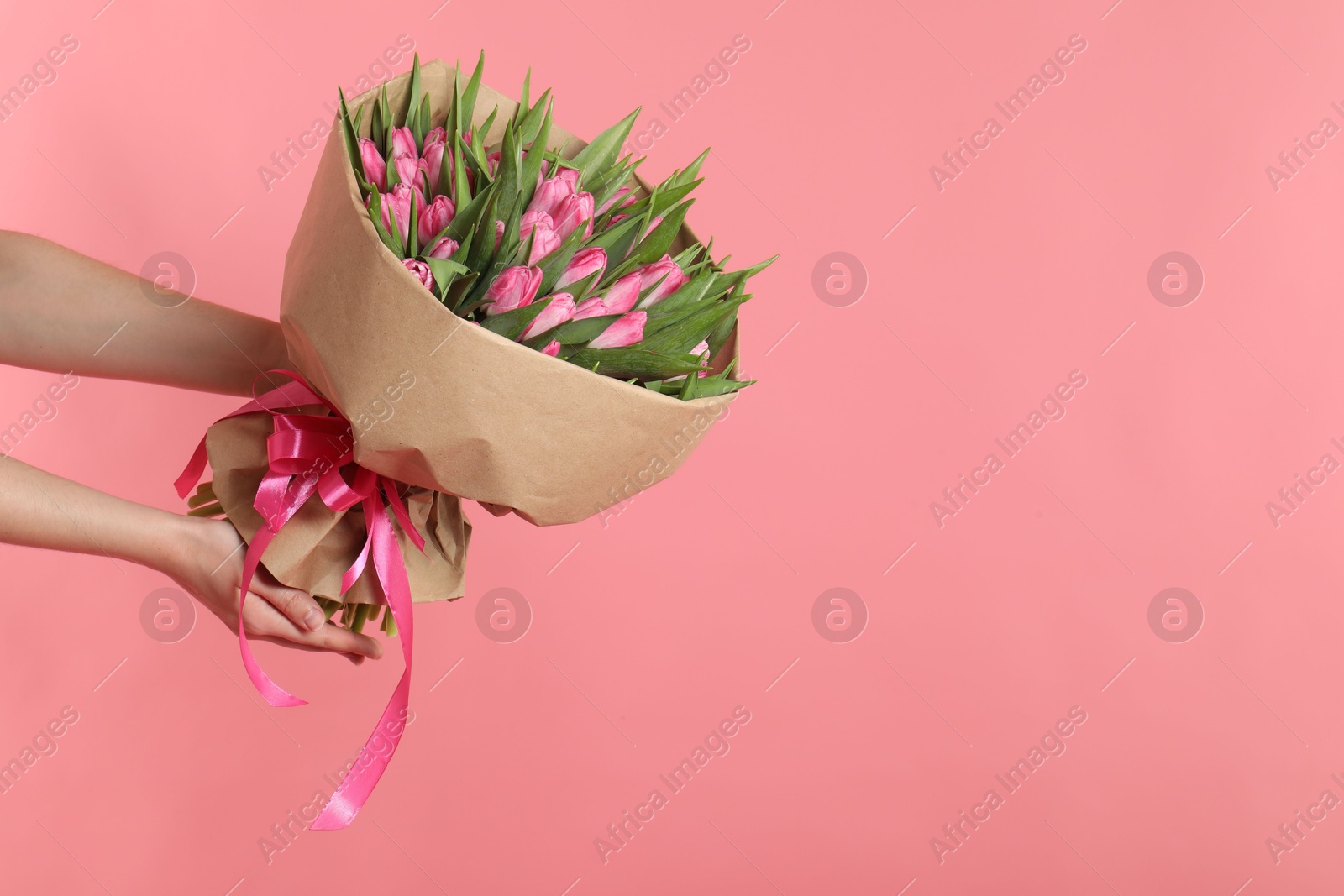 Photo of Woman with bouquet of beautiful tulips on pink background, closeup. Space for text