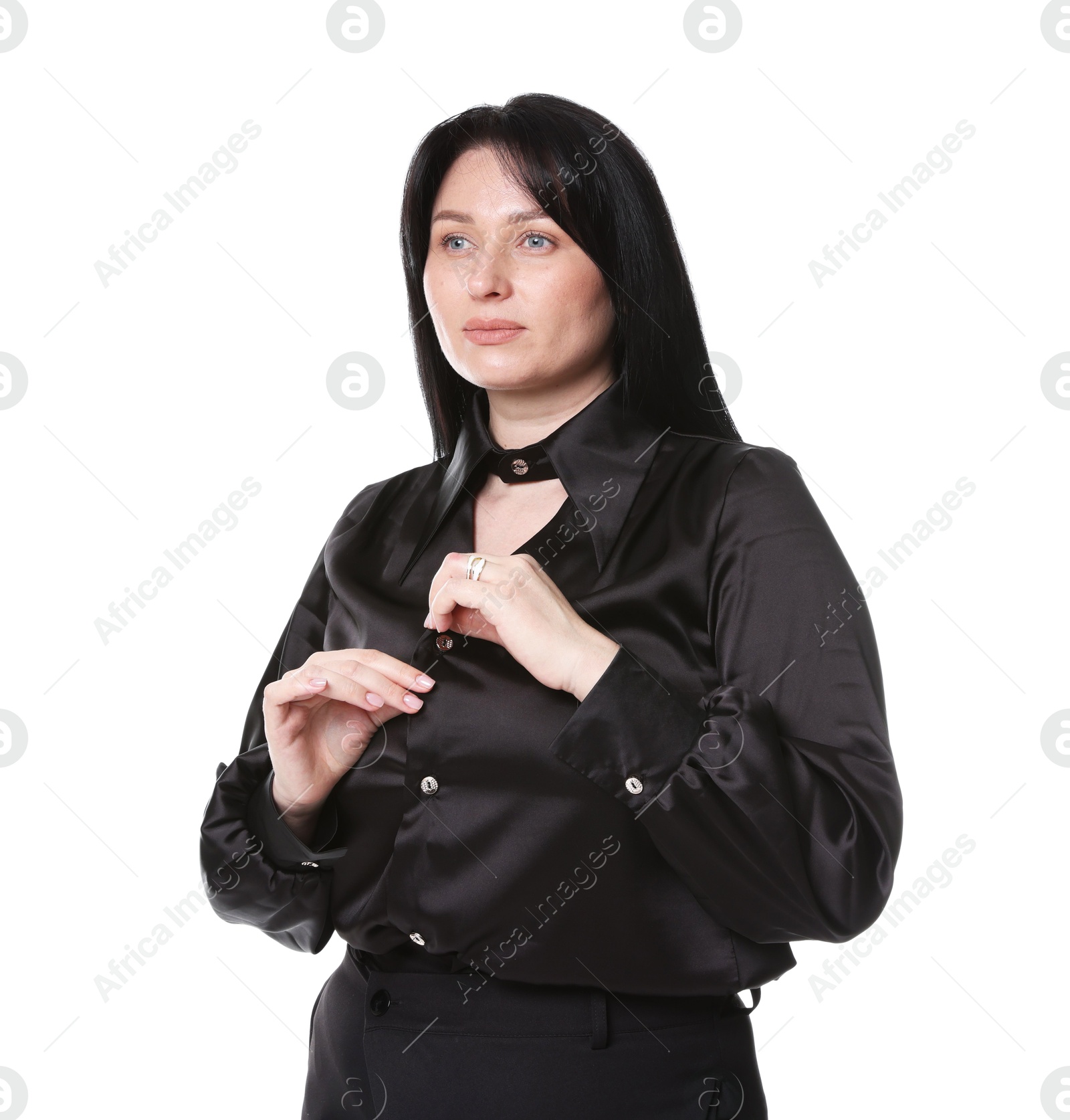 Photo of Charming plus size model on white background. Overweight