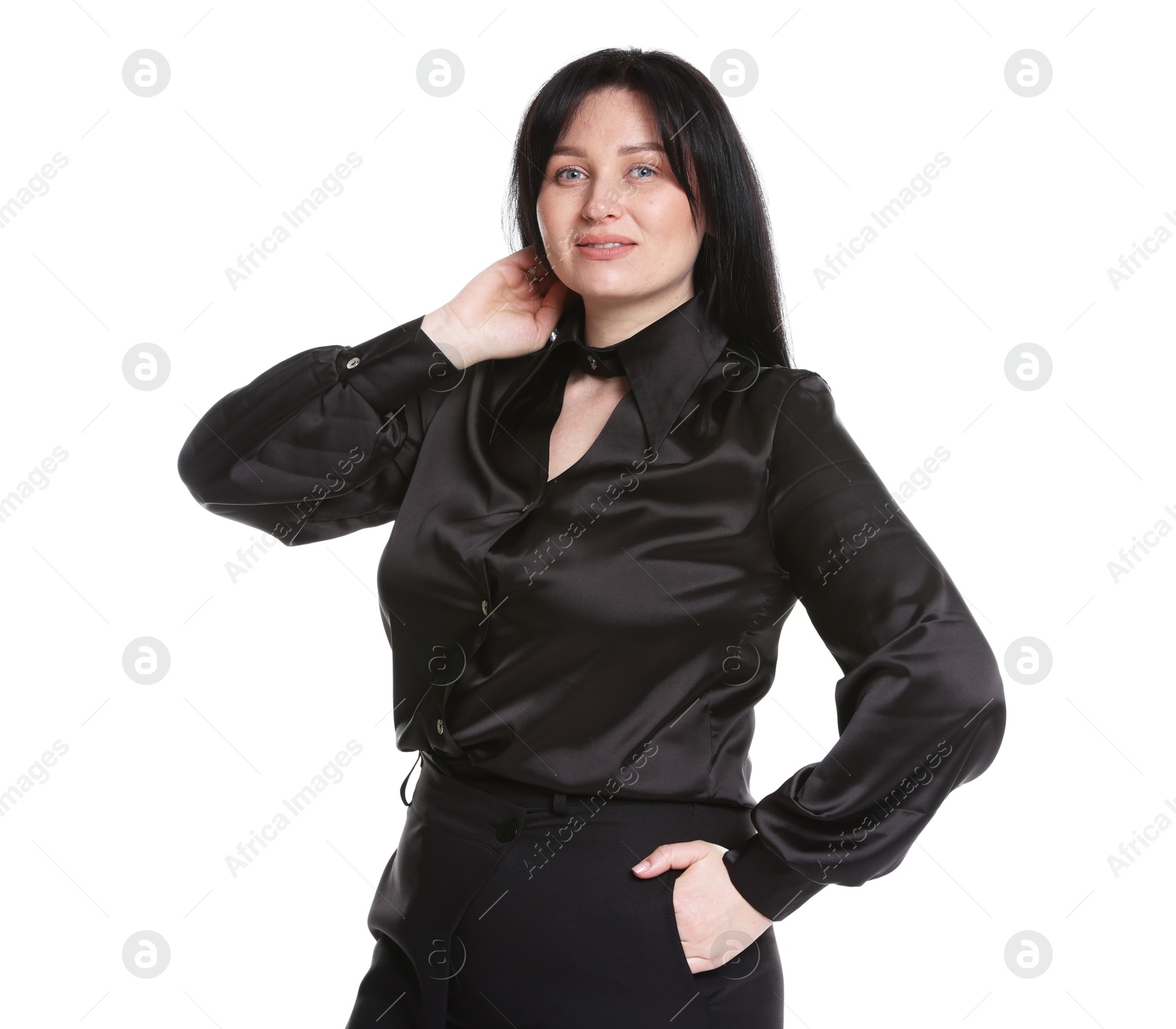 Photo of Portrait of charming plus size model on white background. Overweight