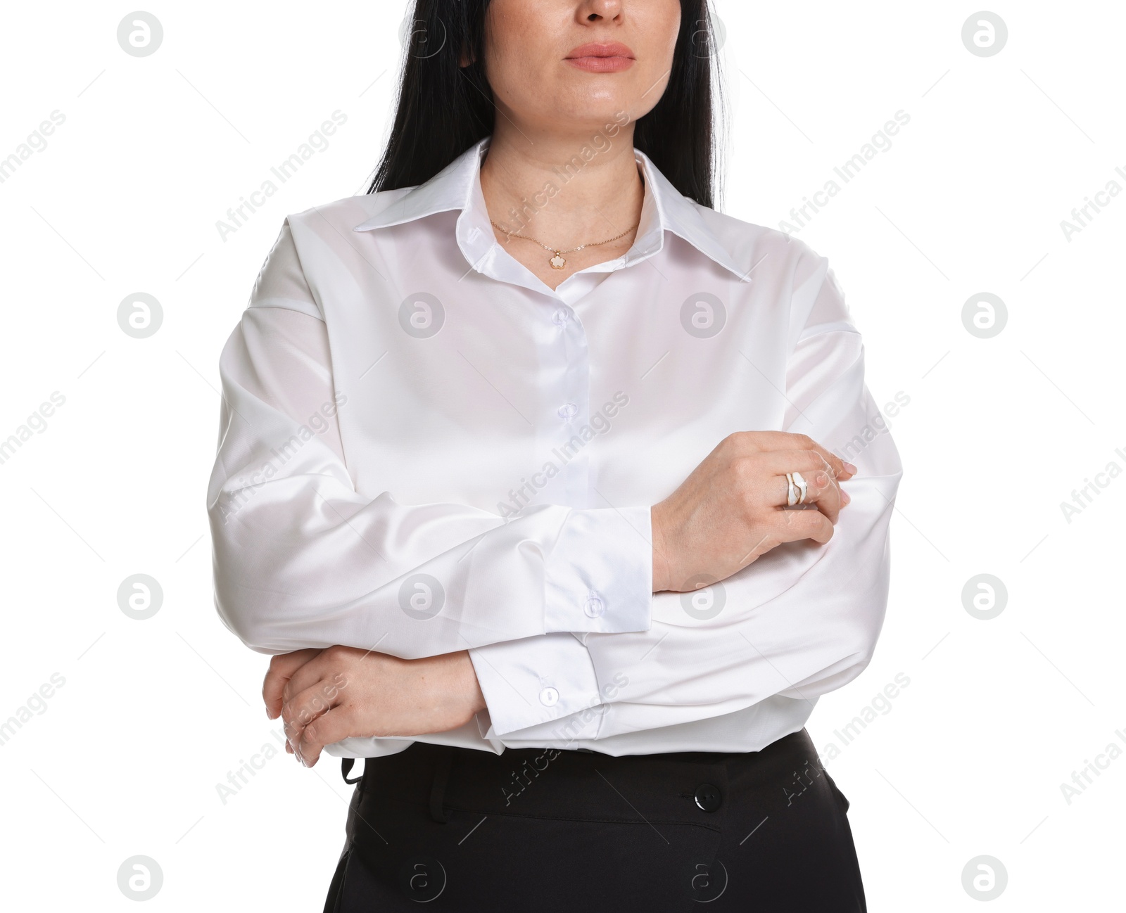 Photo of Plus size model on white background, closeup. Overweight