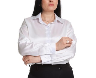 Plus size model on white background, closeup. Overweight