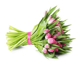 Photo of Bouquet of beautiful pink tulips isolated on white