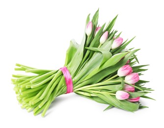 Photo of Bouquet of beautiful pink tulips isolated on white